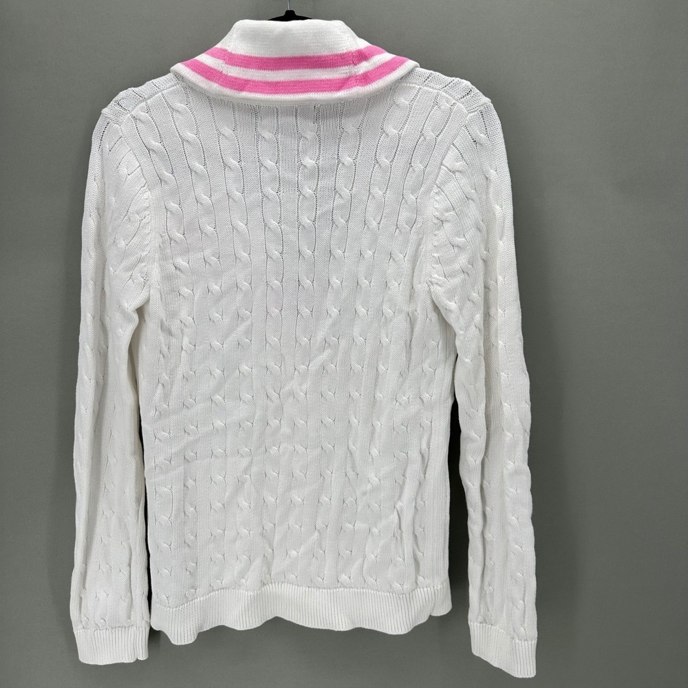 Lauren Ralph Lauren Womens L Cable Knit Cardigan Pink Stripe Crest Heritage NWT - Picture 4 of 10